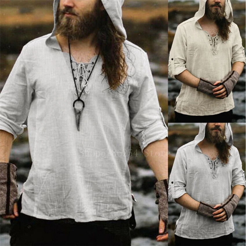 Man Retro Long Sleeve Bandage V Neck Tshirts Medieval Viking Vinatge Shirt Linen Casual Streetwear Loose Male Hooded T-shirt Tee