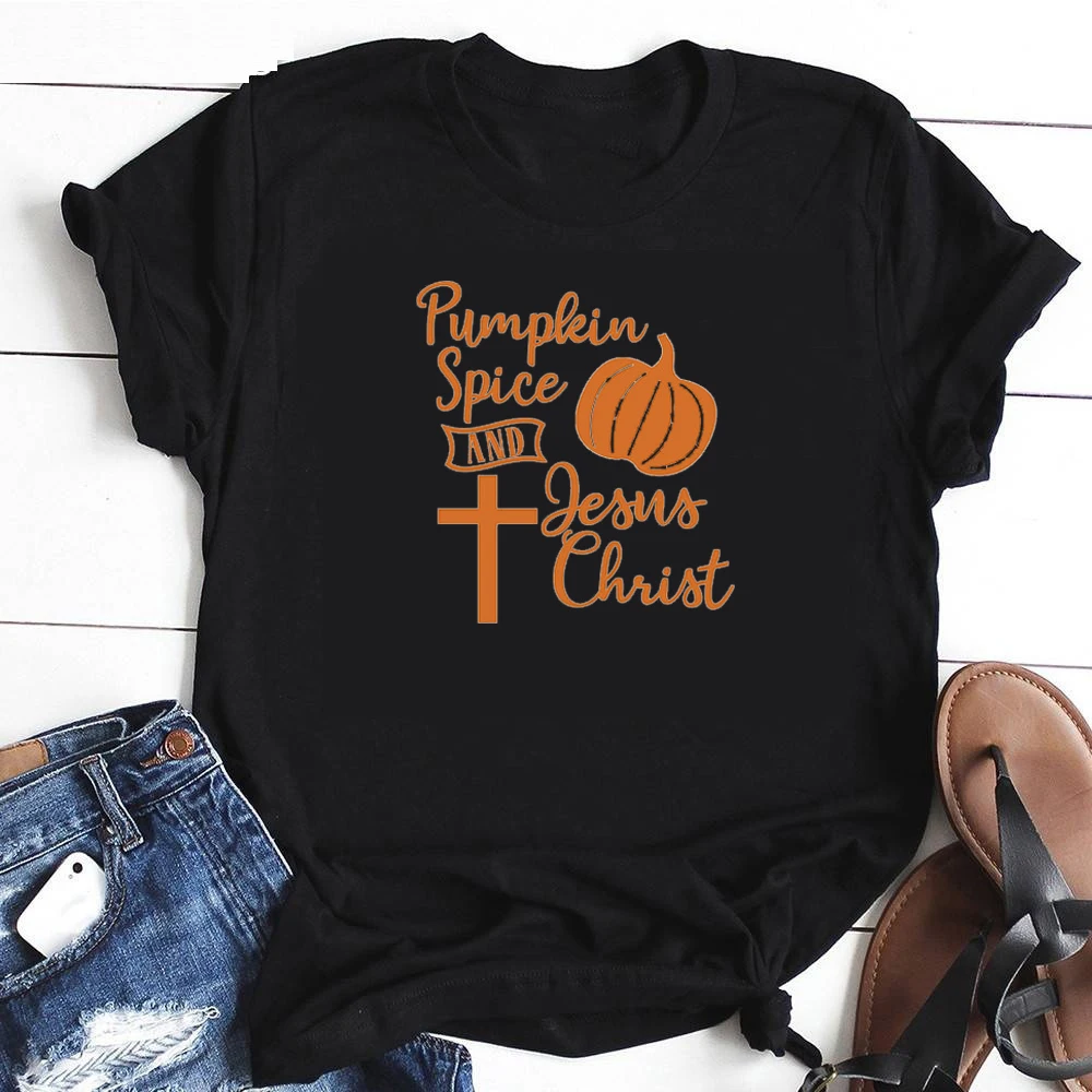 Тыква специй и Иисуса Христос Крест футболка 100% хлопок Забавный Унисекс Женская