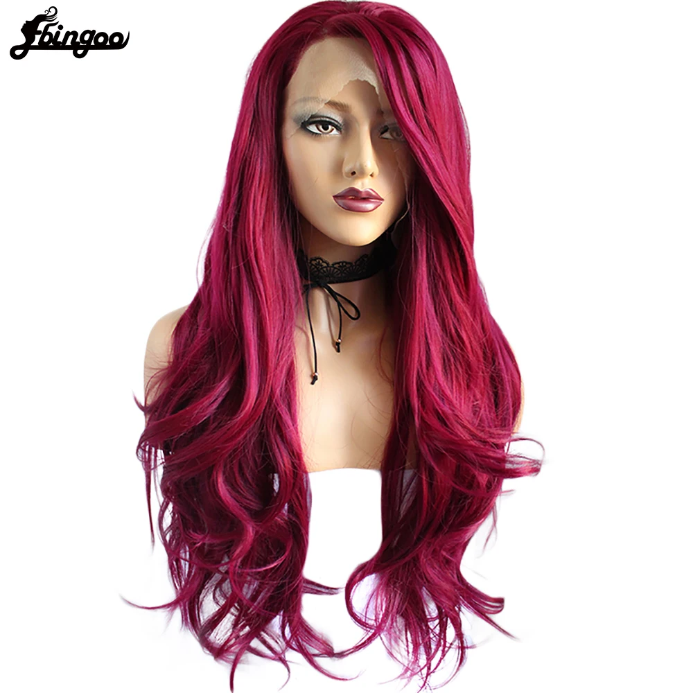 Ebingoo T Part Synthetic Lace Front Wig Heat Resistant Fiber Burgundy Long Natural Body Wave Wine Red For Women