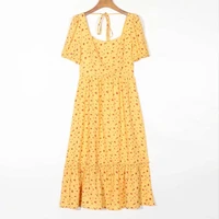 xnwmnz women fashion fitted bodice back neck ties dress yellow print midi dress with square neck and elastic back ruffled hem