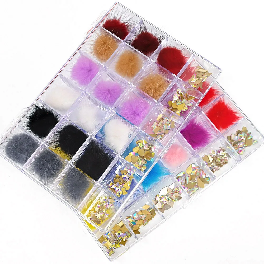 1 Box Nail Pompoms(18pcs) Colorful Fluffy Fur Balls 27*27mm 150pcs 6 Shapes AB Crystal Rhinestones Set Nail Art Decorations K#54