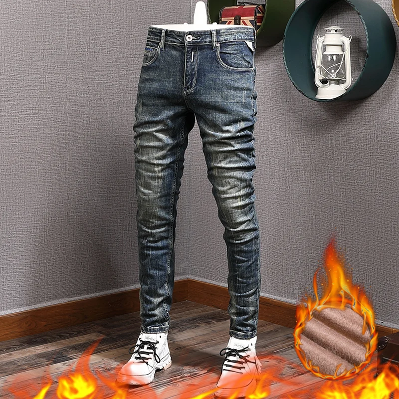 

Italian Style Fashion Men Jeans Retro Blue Elastic Slim Fit Ripped Jeans Men Vintage Designer Winter Velvet Warm Denim Pants
