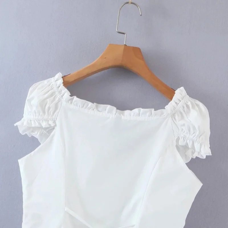 

French Style Sweet Puff Short Sleeve Button-up Shirts Fungus Square Collar Drawstring Blouse 2021 Summer Retro Trendy Women Top