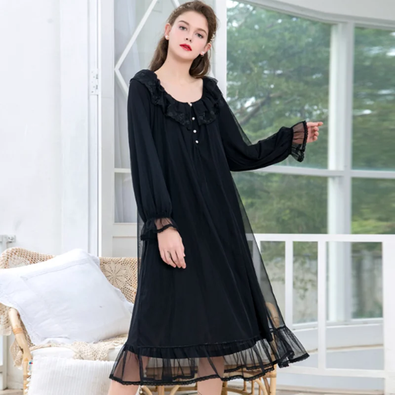 

Palace princess gauze long-sleeved nightdress female long lace sleepwear dress ruffled nightshirt spring autumn nightgown women