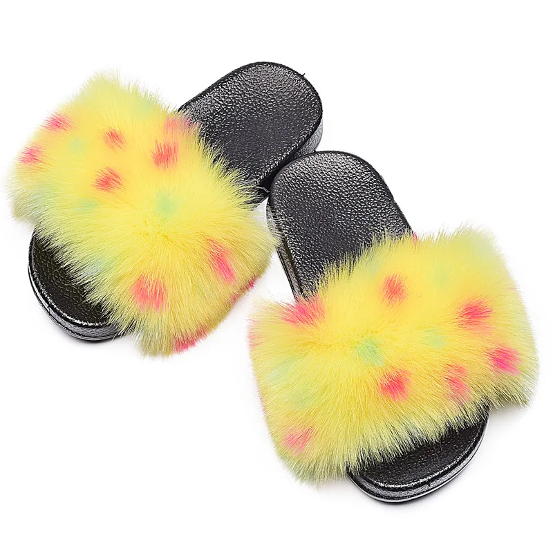 

Летние детские меховые тапочки, пушистые сланцы из искусственного меха, меховые Шлепанцы из искусственного лисьего меха, Детская Радужная ...
