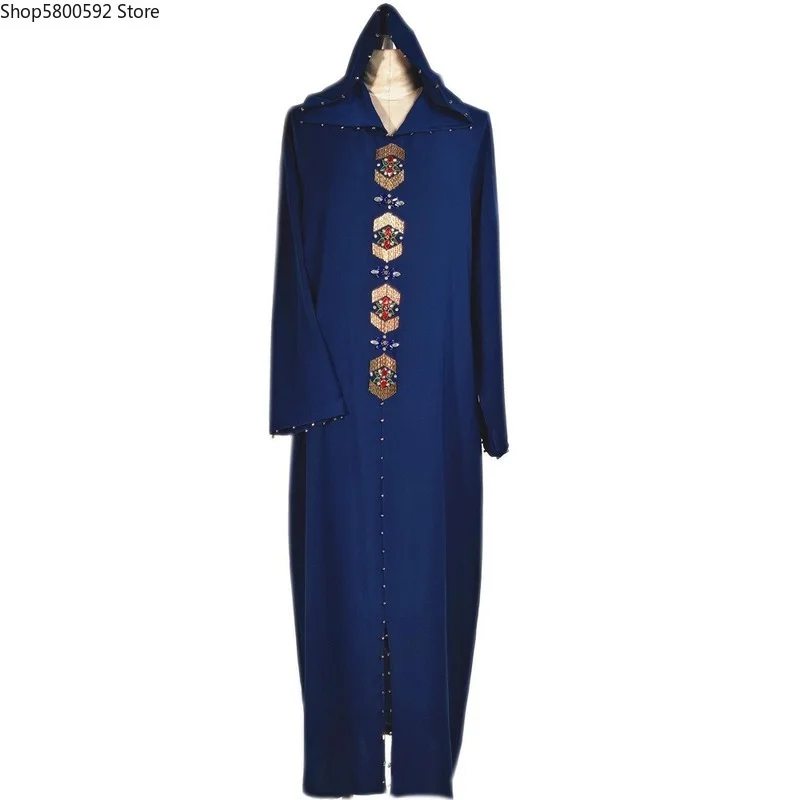 Moroccan Kaftan Hooded Maxi Dress For Women Handwork Stitch Brass Diamond Luruxy Abaya Dubai Robe Turkey Arabic Muslim Clothes