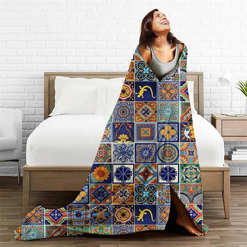 

Talavera Mexican Tiles Navajo Cubre Camara Green Throw Blanket 3D Print On Demand Sherpa Super Comfortable For Sofa Thin Quilt