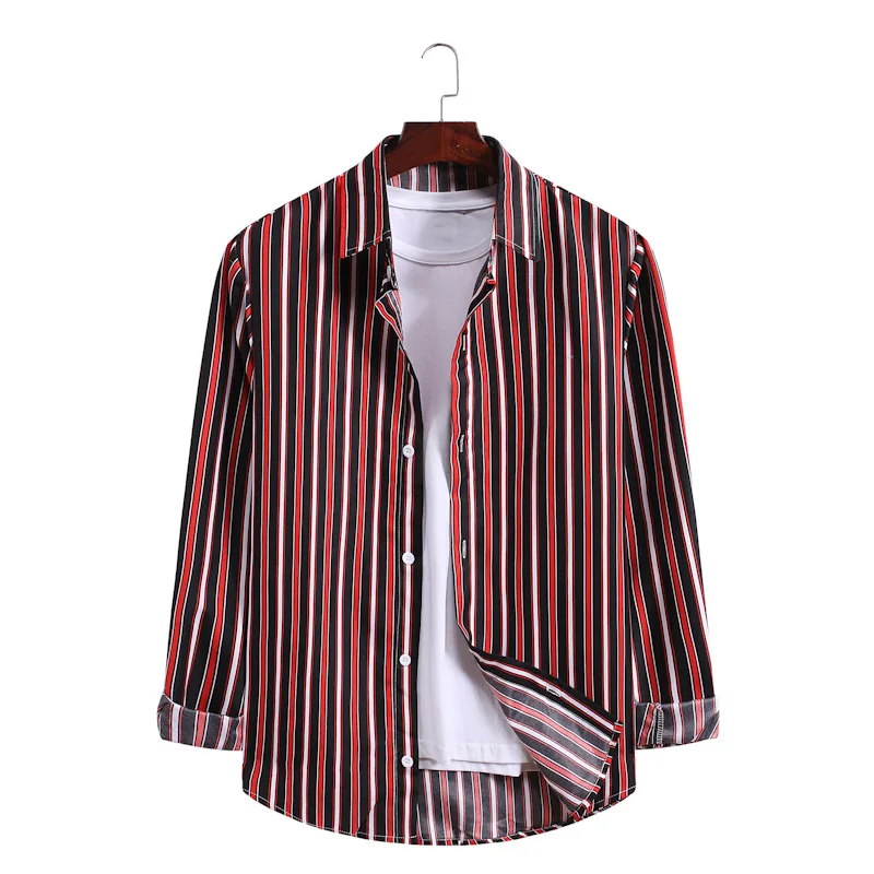 

Men's Print Cotton Shirt Spring Autumn Breathable Casual Stripe Lapel Long Sleeve Single Breasted Male Cardigan