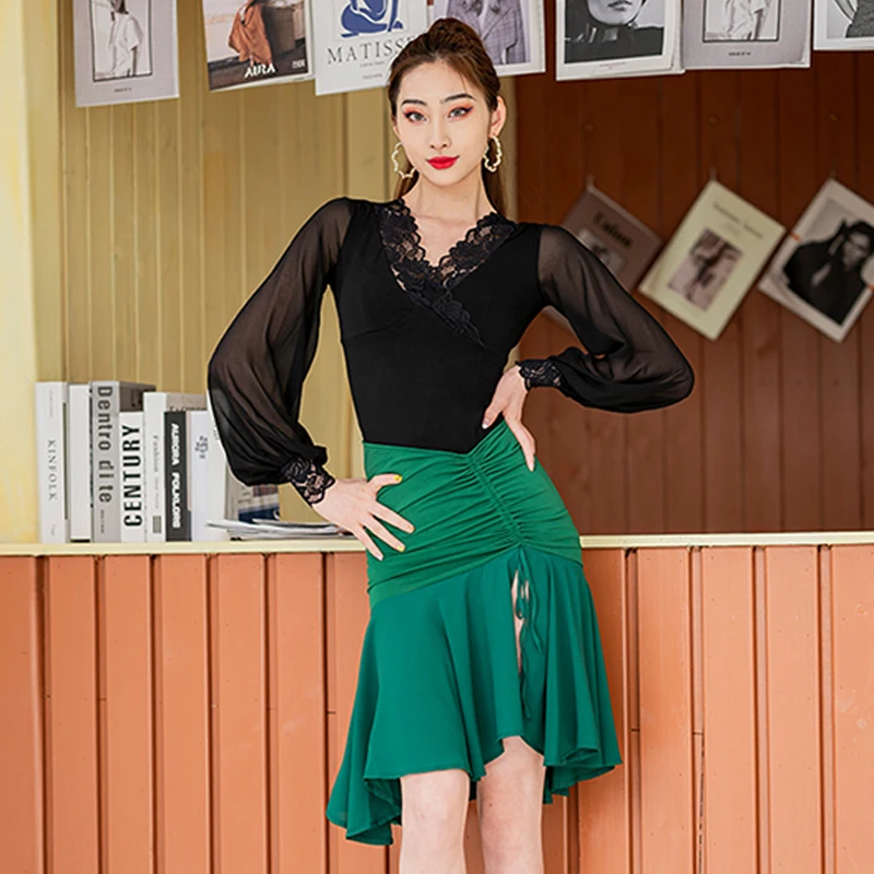 

New Sexy Latin Dance Clothes For Women Drawstring Skirt Black/Green Practice Dance Skirt Adult Salsa Performance Costume BL5655
