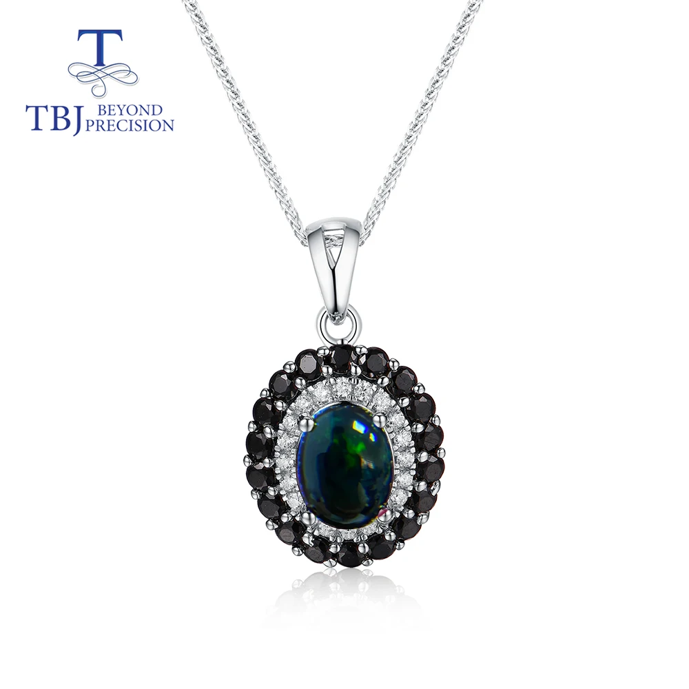 TBJ, Nautral Black opal pendant oval 7*9mm natural gemstone necklace pendant 925 sterling silver for women gift