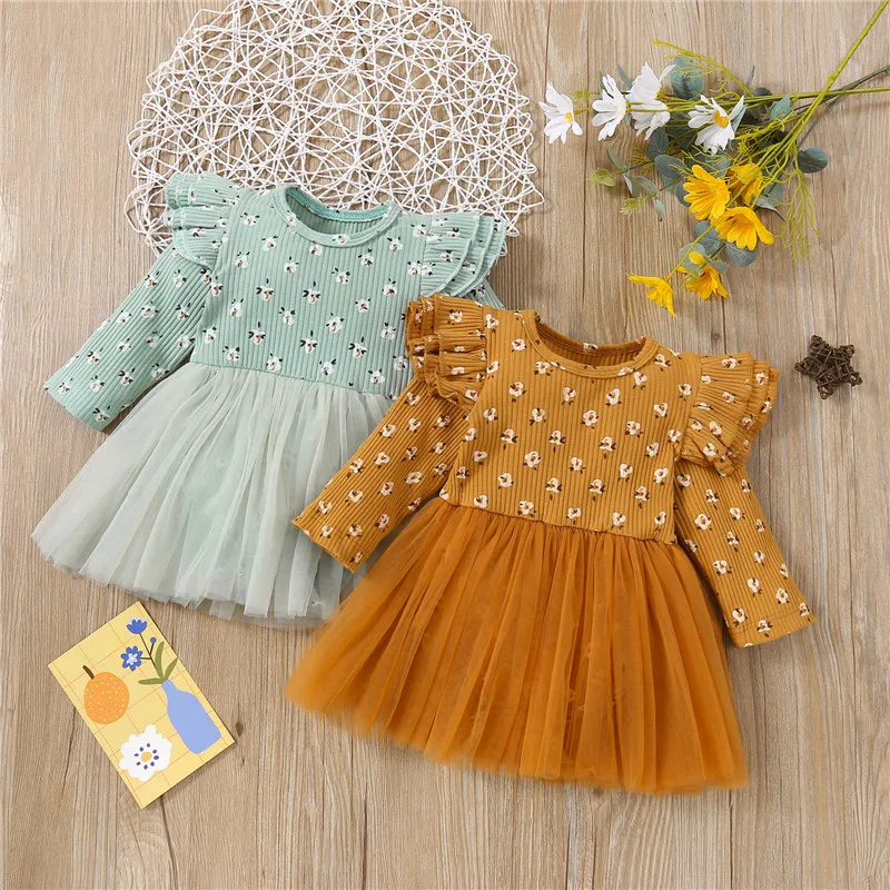 

Newborn Ribbed Tulle Dress Fall Spring Baby GirlS Floral Print Patchwork Fly Sleeve O Neck Romper Dress Party Princess Costume