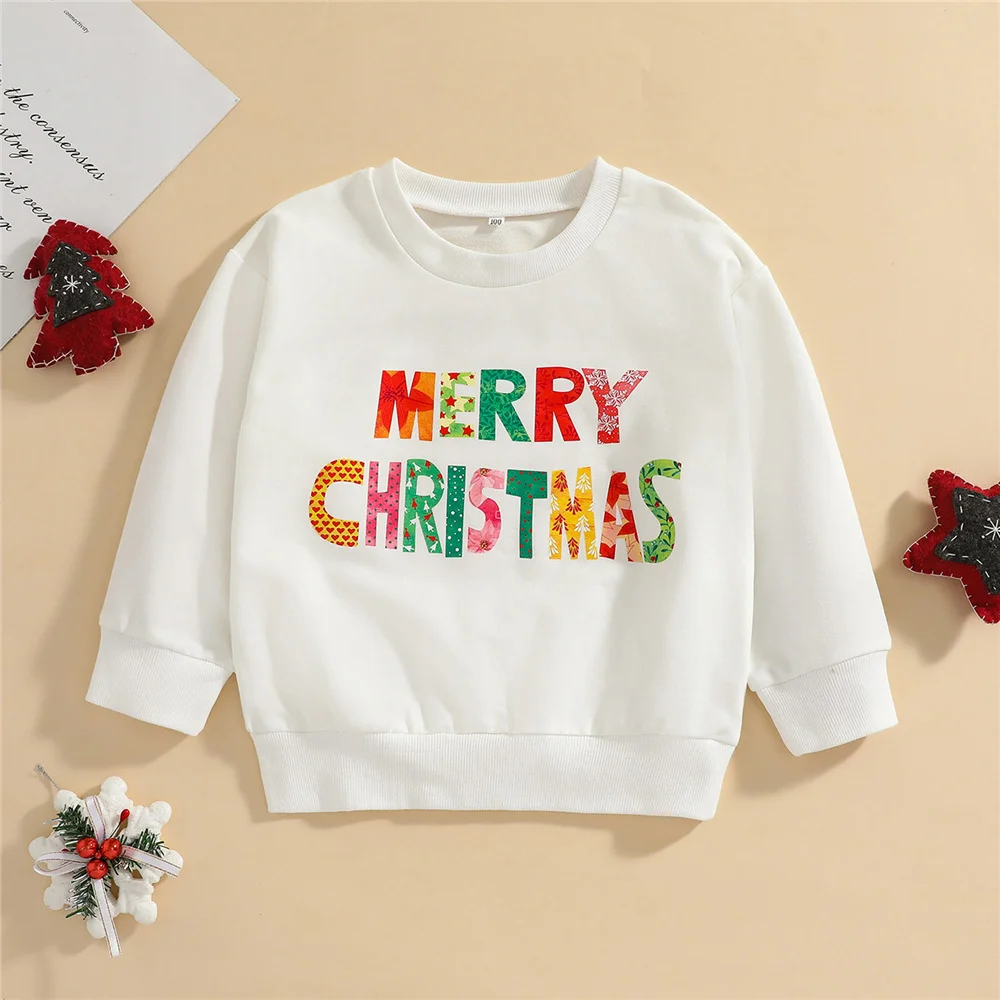 

2021 Merry Christmas Sweatshirt Cartoon Printed Long Sleeves Fleeces Pullover Casual Fall Winter Kids Girls Boys White Gray Tops