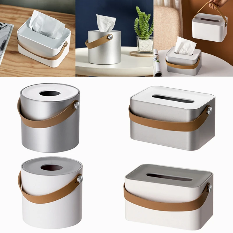 Simple Plastic Tissue Box Home Hotel Rectangle Round Napkin Toilet Paper Holder with PU Handle