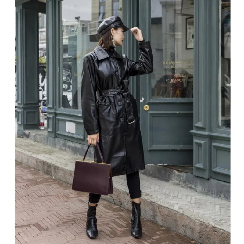Женская куртка из искусственной кожи осень-зима 2019 женский тренчкот с поясом