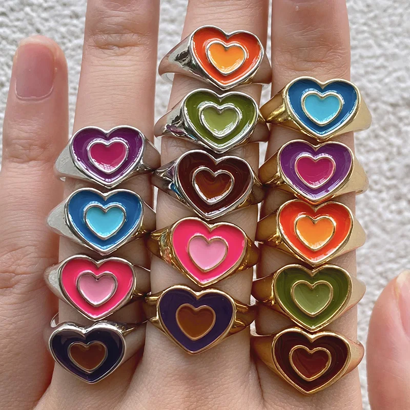 

Creative Cute Ring Colorful Double Love Retro Metal Dripping Heart-shaped Ring for Ladies and Girls Fashion Collocation Jewelry