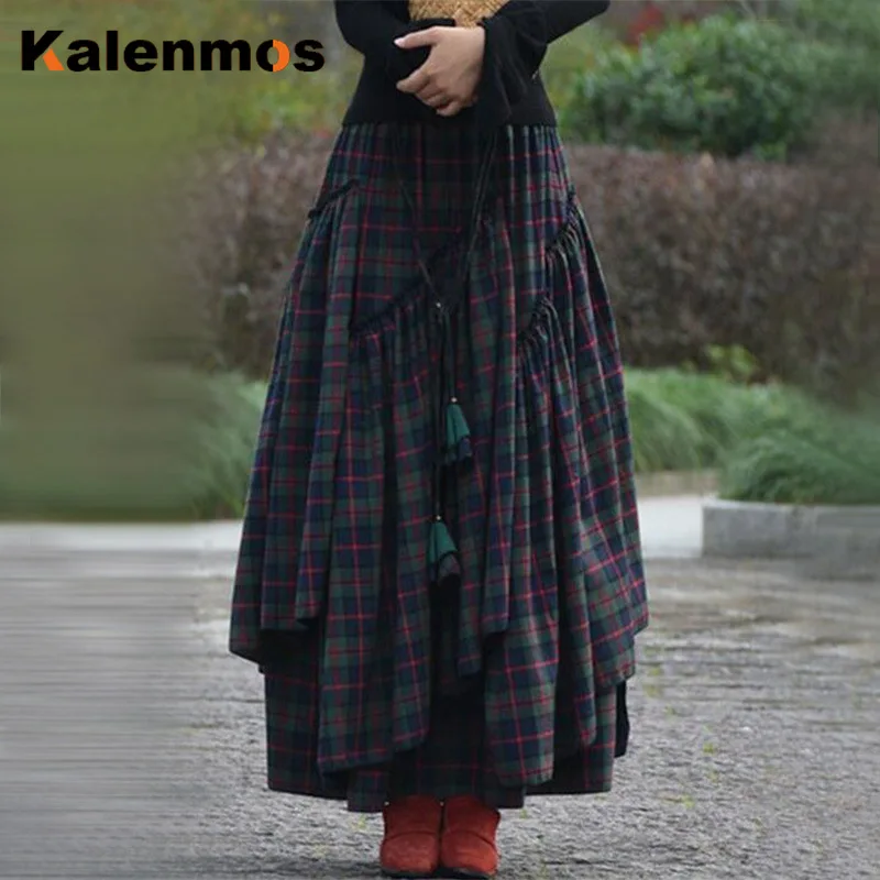 

Split Long Skirt Women Vintage High Waist Spring Autumn Plaid Party Club Gothic Streetwear Sexy Elasticity Patchwork Maxi Skirts