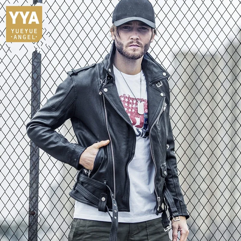 Роскошная мужская байкерская куртка из натуральной овечьей кожи короткое пальто