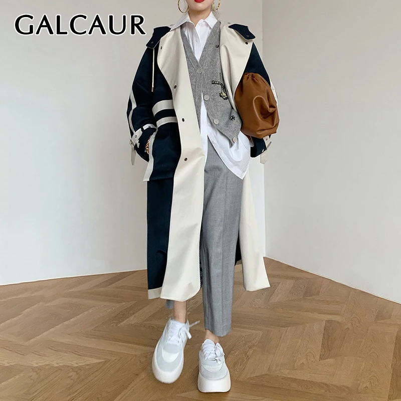 

GALCAUR Korean Fashion Trench Coat For Women Lapel Collar Long Sleeve Patchwork Colorblock Coats Female Autumn Clothing 2021 New