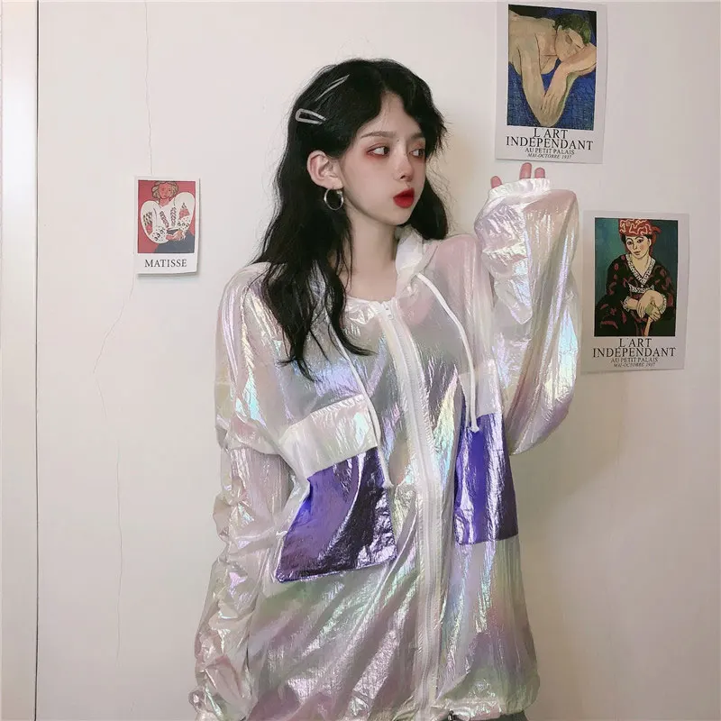 Летний жакет Для женщин Лазерная Глянцевая с капюшоном куртка из ткани защитой