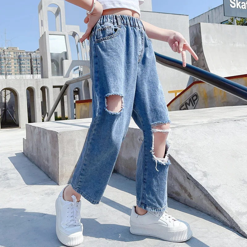 

New Summer Girl Fashion Handsome Loose Blue Ripped Jeans Teenage Straight-leg Casual Denim Trouser Children Elastic Waist Slacks