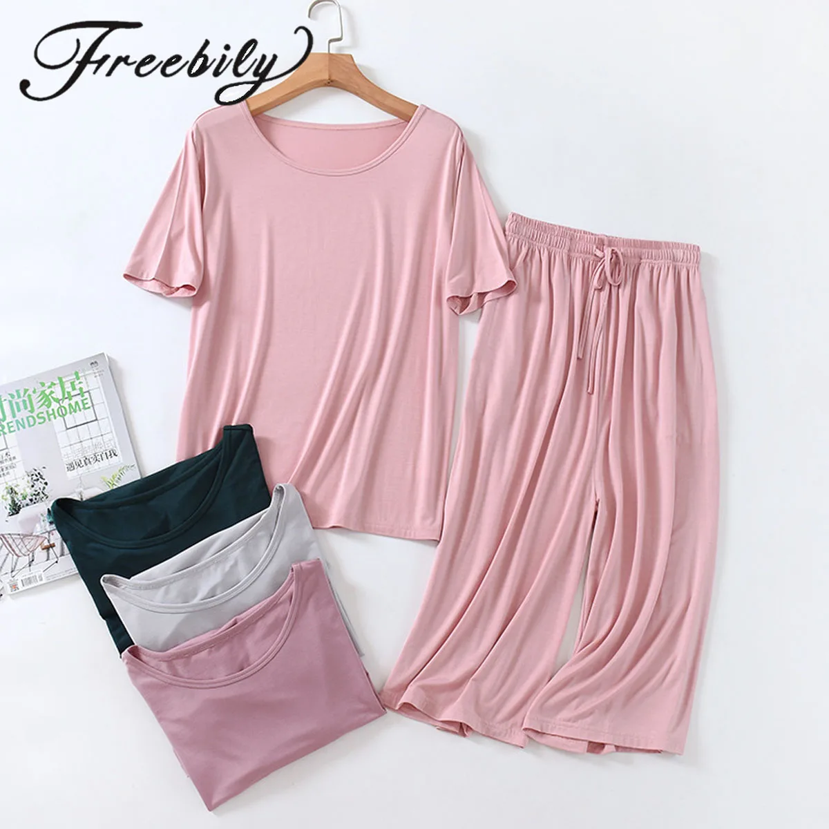 

2Pcs Women's Home Wear Summer Sleepwear Lounge Set Female Pajamas Set Modal Trouser Loungewear