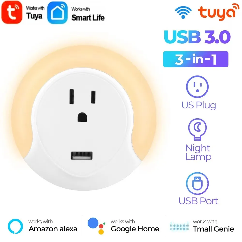 

Smart Plug WiFi Socket US With USB Port Night light Timing 3in1 Smart Socket Tuya SmartLife APP Control For Alexa Google Home