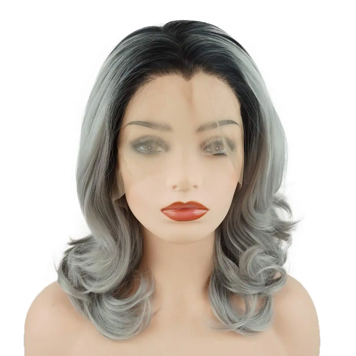 

Jeelion Hair Wavy Shoulder Length 16inch Dark Root Grey Ombre Half Hand Tied Heavy Density Synthetic Lace Front Wigs