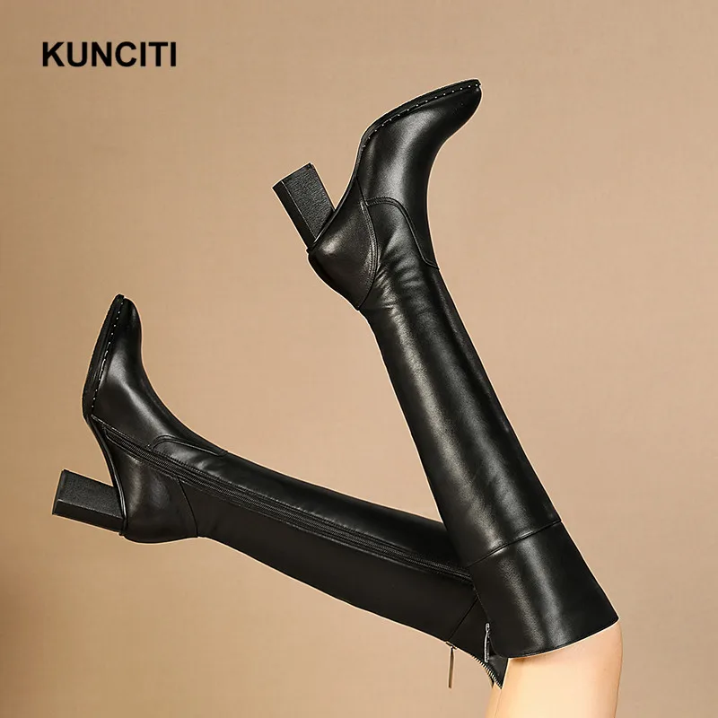KUNCITI/; сапоги до колена; женские пикантные сапоги; большие размеры 34-42; черные сапоги из натуральной кожи; зимняя теплая обувь высокого качества; B921