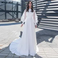 Magic Awn Boho White Wedding Dresses Long Puffy Sleeves Illusion Satin Beach A-Line Mariage Gowns Simple Vestidos De Novia