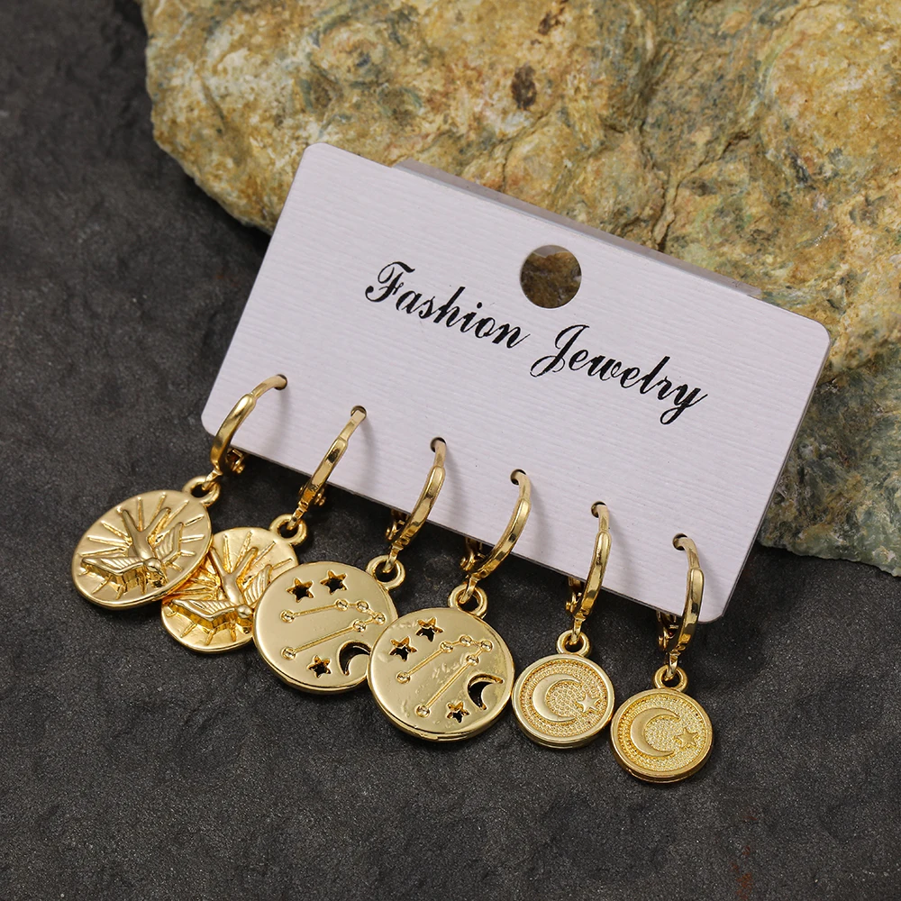 

Vintage Geometry Lock Key Gold Earrings Set for Woman Fashion Moon Star Coin Round Statement Drop Earrings Female Jewelry 2020