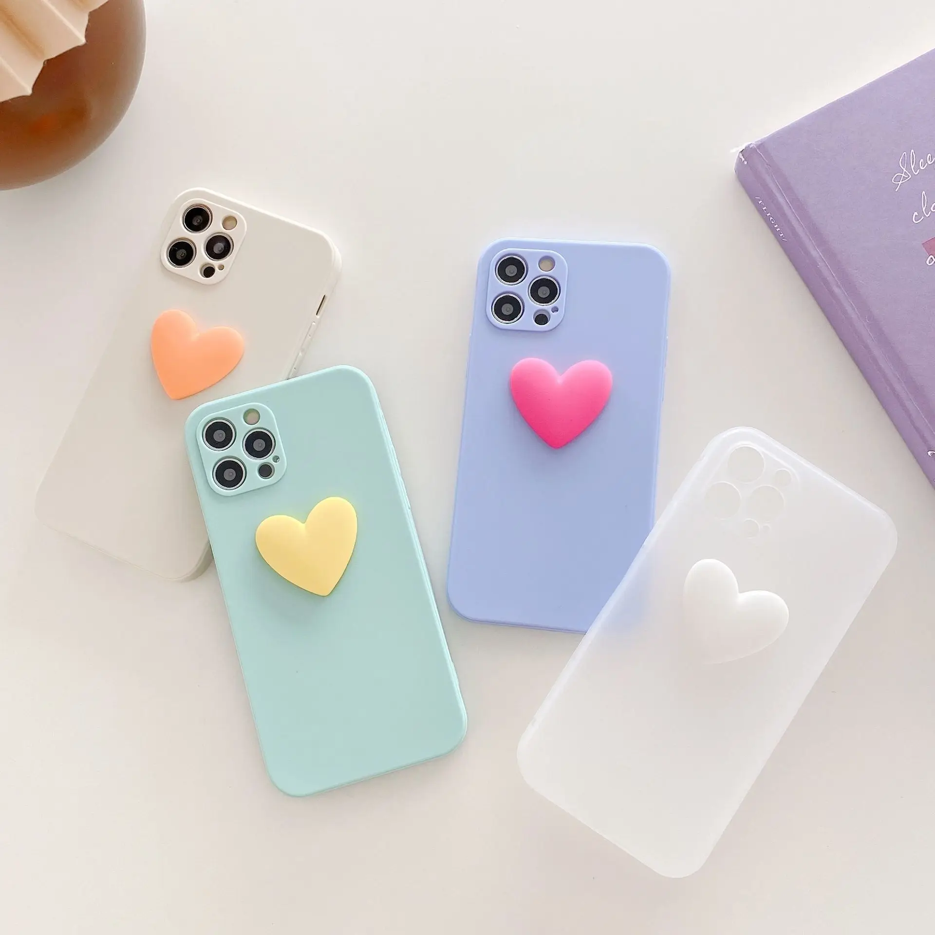 

3D Cute Art Solid Color Love Heart Phone Case For iPhone 12 11 Pro Max X Xs Max Xr 7 8 Puls SE 2020 Cases Soft Silicone Cover