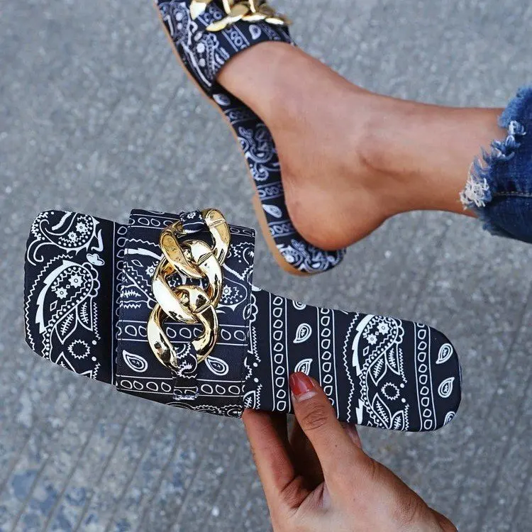 

Plus Size 42 43 Women's Slippers Gladiator Ladies Flip Flops Fashion Sandals Bohemia Beach Casual Metal Chain Comfort Shoes