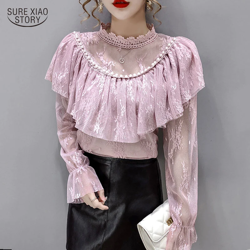 

Stand Collar Loose Flare Sleeve Women's Shirt Sweet Beading Elegant Blouse Women Tops Fashion Mesh Ruffle Blouse with Lace 16813