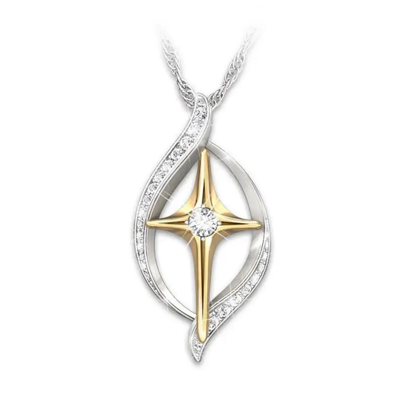 

Engraved Rhinestone Metal Cross Pendant Necklace Ring Set Fashion Religion Women Gift Dual Color Jewelry Trendy