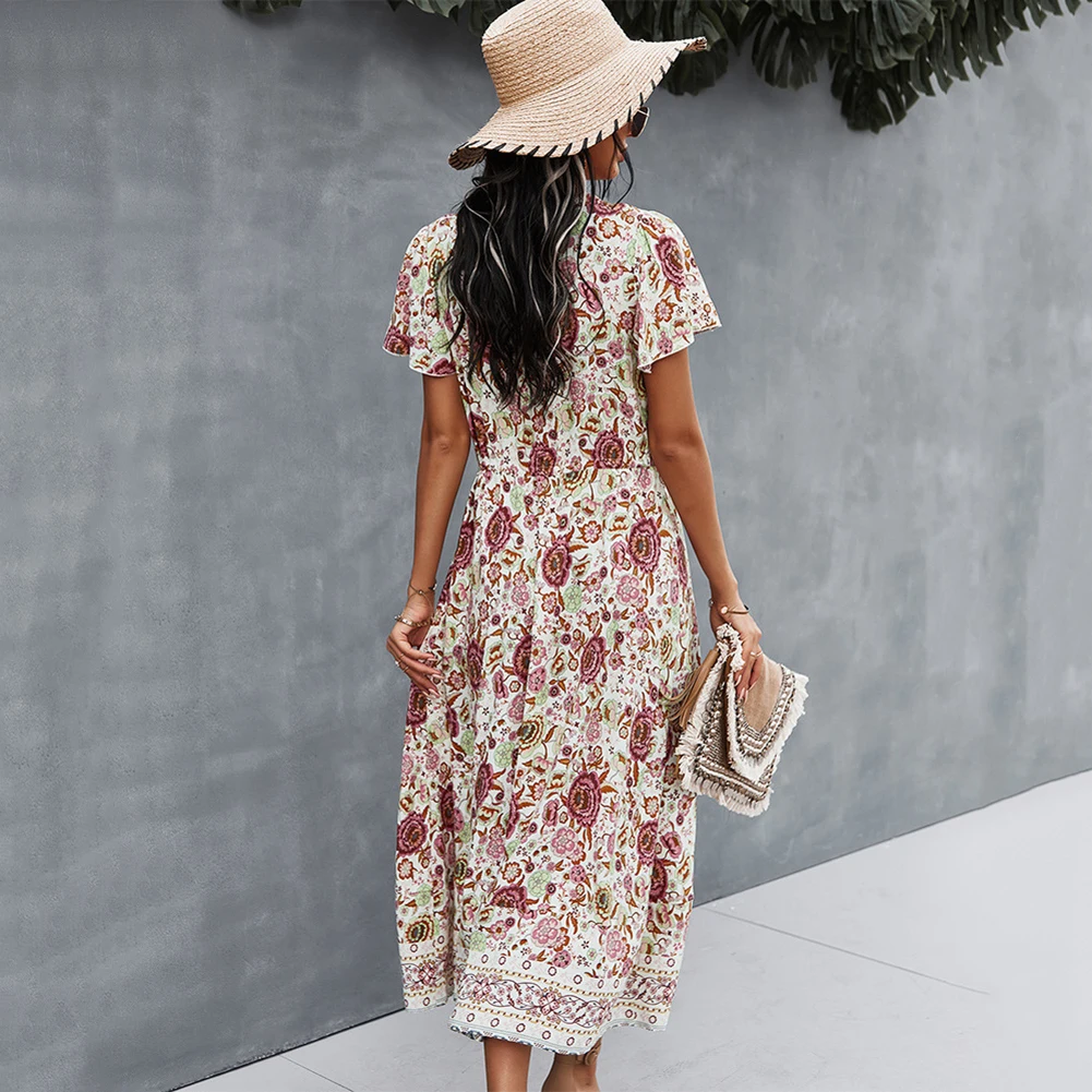 

Women's Long Dress Short Sleeve Floral High Waist V-Neck Flowy Spliting Dress for Party Beach Summer H9