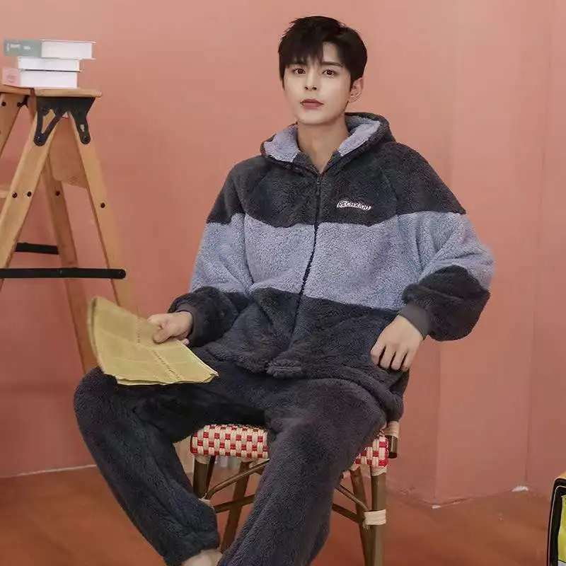 Men's Pajama Set Winter Thicken Warm Sleepwear 2Pcs/Set Tops + Pants Home Clothes Coral Fleece Pyjamas Suit