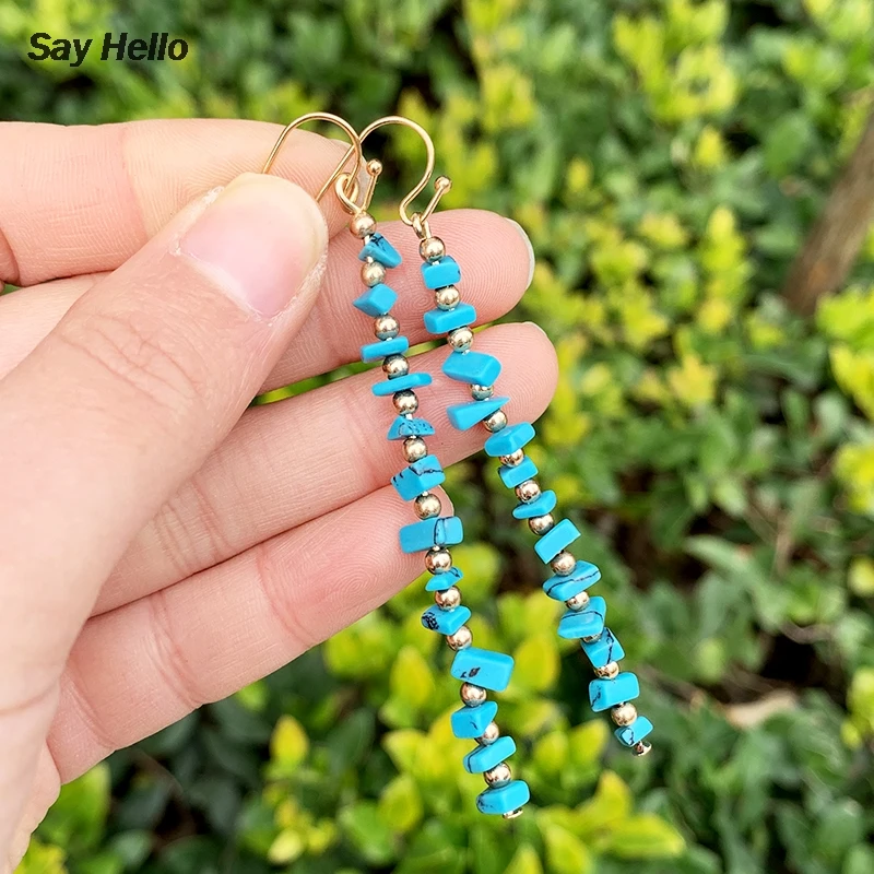 SAY HELLO Boho Turquoises Square Polygon Irregular Geometric Dangle Earrings Fringed Jewelry Made Of Metal Beads A0543 | Украшения и