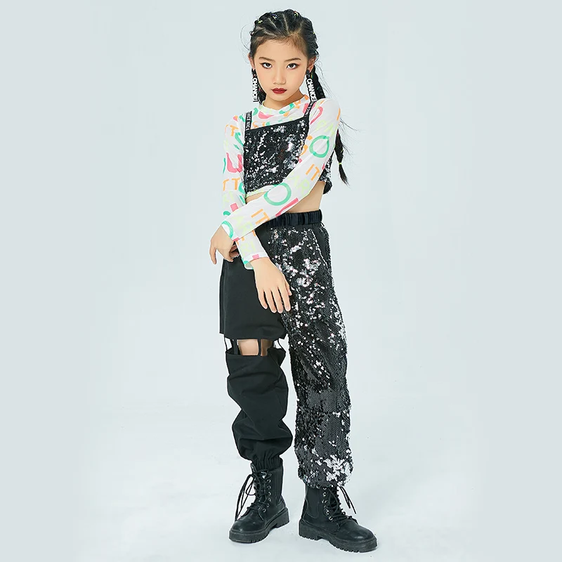 

New Girls Hip Hop Dance Costume Black Sequined Vest Pants Long Sleeve Tops For Kids Rave Wear Jazz Clothes Stage Outfit 120-170