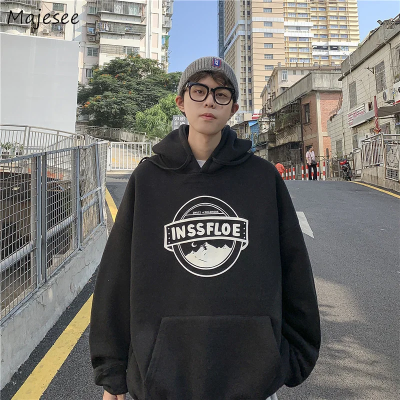 

With Hat Hoodies Men Black Vintage Loose Winter Korean Fashion Plus Velvet Thicker Chic Ins Hot Sale Student Handsome All-match