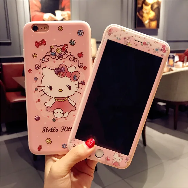 2 360 милый мягкий чехол с рисунком hello kitty Cat для IPhone XR XS Max X 10 8 7 6 6s Plus+ Передняя пленка из закаленного стекла - Цвет: 2