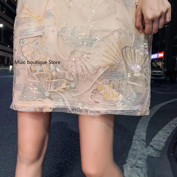 

Muxi screen women tshirt heavy industry Beaded sequins loose Tshirts pink short sleeve round neck screen top Tshirt for women