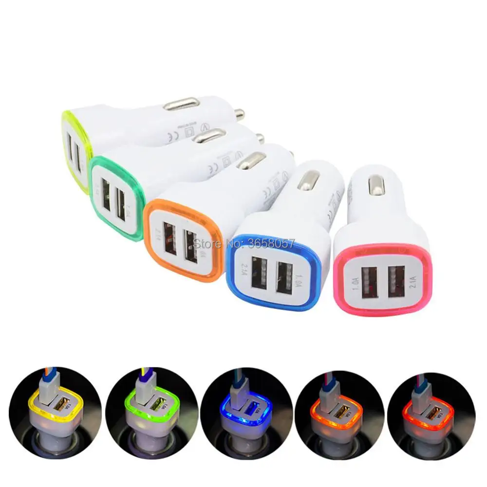 

100pcs LED Light dual usb Port 2.1A+1A car charger 2ports Adapter for Iphone X 8 7 6 for ipad for samsung