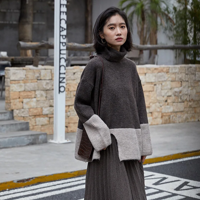 Свитер женский трикотажный с длинным рукавом и высоким воротником зимний |