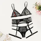 Комплект нижнего белья из 3 предметов, черное нижнее белье с подвязками, пикантный кружевной бюстгальтер на косточках, бандаж для пижамы, бесшовный комплект нижнего белья