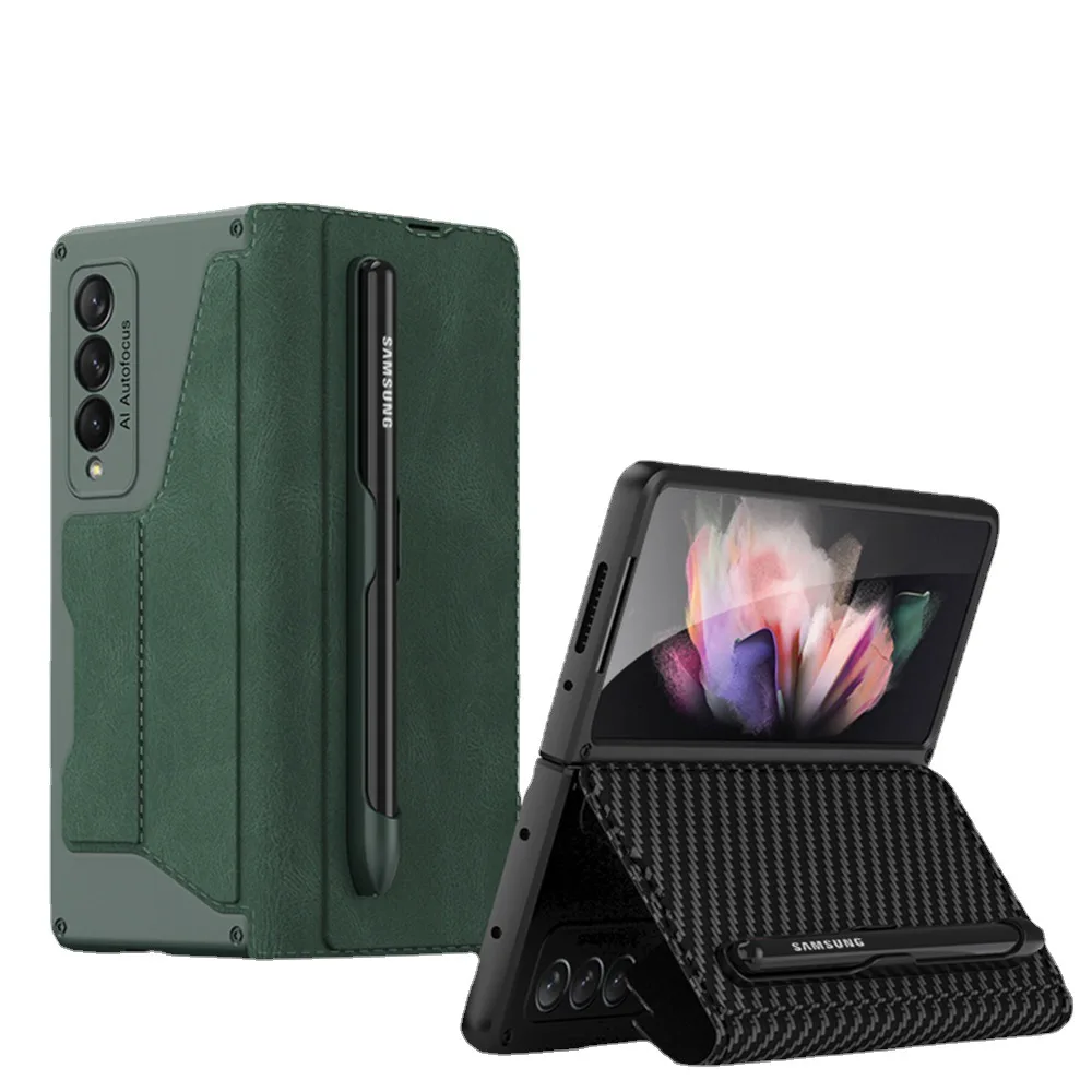 

Case for Samsung ZFold3 Foldable Screen Pen Slot Phone Case Creative Plain Leather All-Inclusive Drop-Resistant Protective Cover