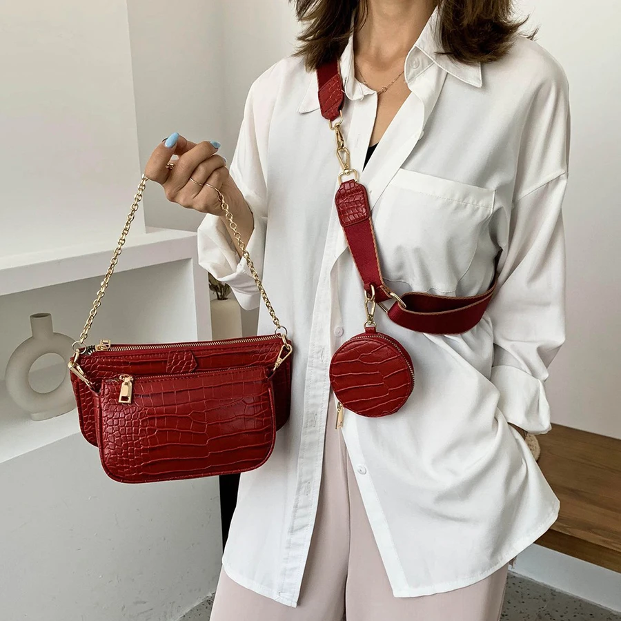

Alligator Pattern Woman Crossbody Bag Quality Leather Fashion Three in One Handbag Wide Shoulder Bag Female Coin Purse Phone Bag