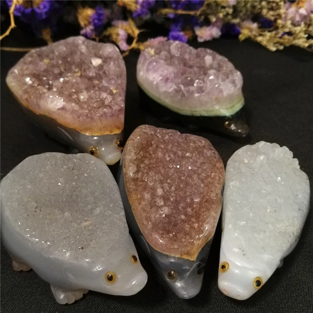 

Natural amethyst hand carved gemstones animals cluster geode healing quartz crystals hedgehog minerals home decor chakra gift