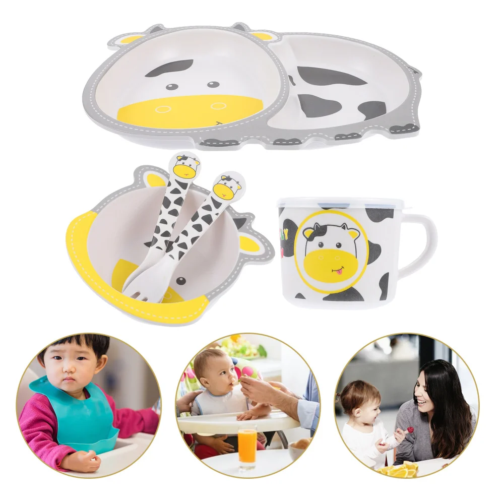 

5pcs Children Tableware Set Board Food Plate Bamboo Fiber Bowl Spoon Cup Fork