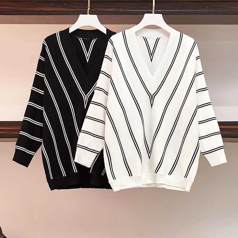 

Classic Striped Pullovers Woman 2020 Autumn Winter Loose V-neck Knit Sweaters Oversize Batwing Sleeve Jumpers Knitwear