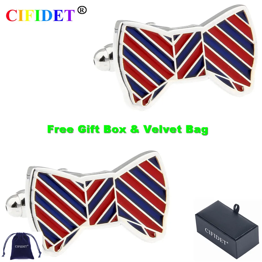 

Запонки CIFIDET с рисунком, синяя красная эмалированная запонка для рубашки с бантом, с бархатной сумкой и подарочной коробкой, ювелирные аксес...